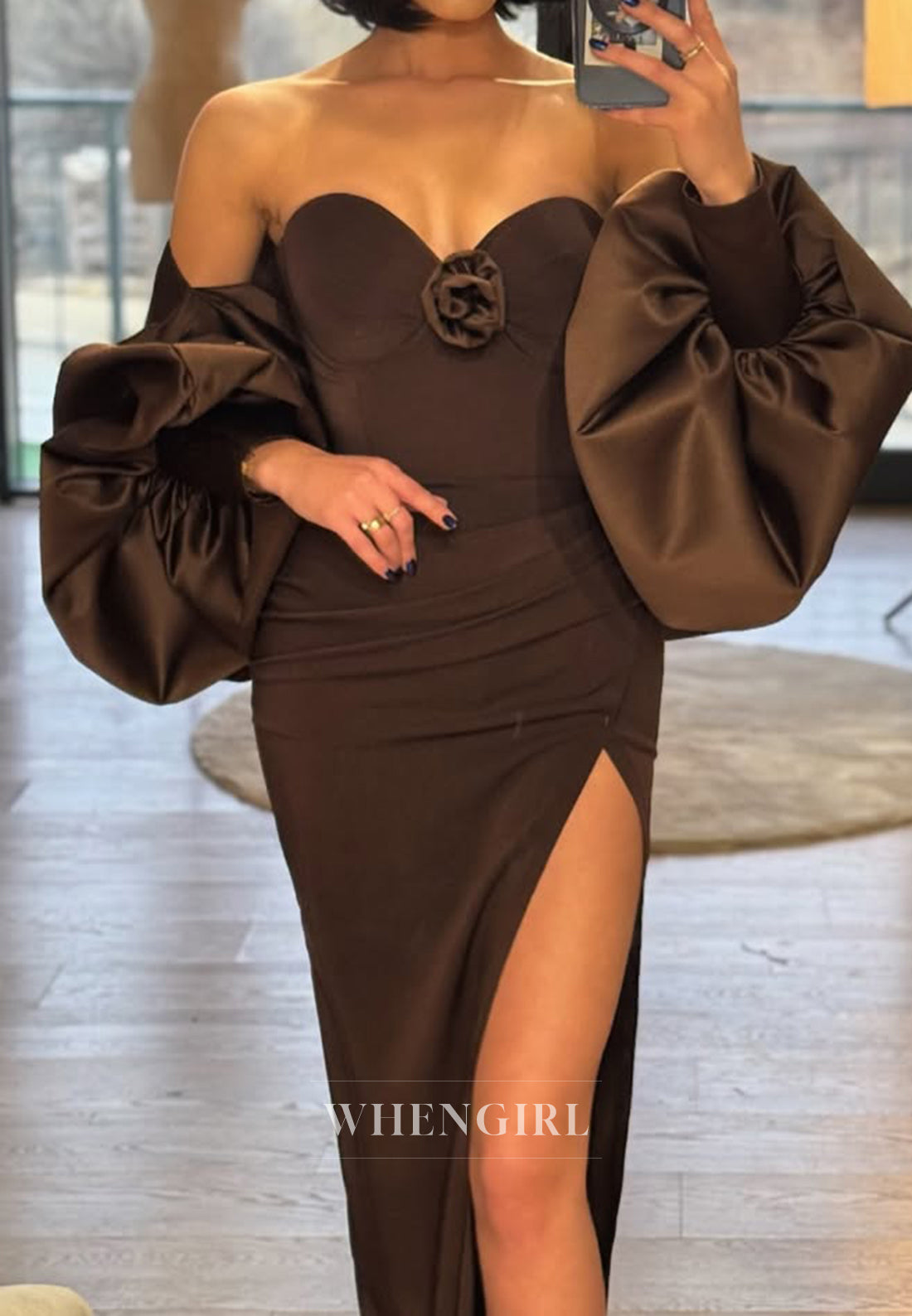 Graceful Sweetheart Sheath Prom Dress Long Sleeves High Slit Party Gown with Floral