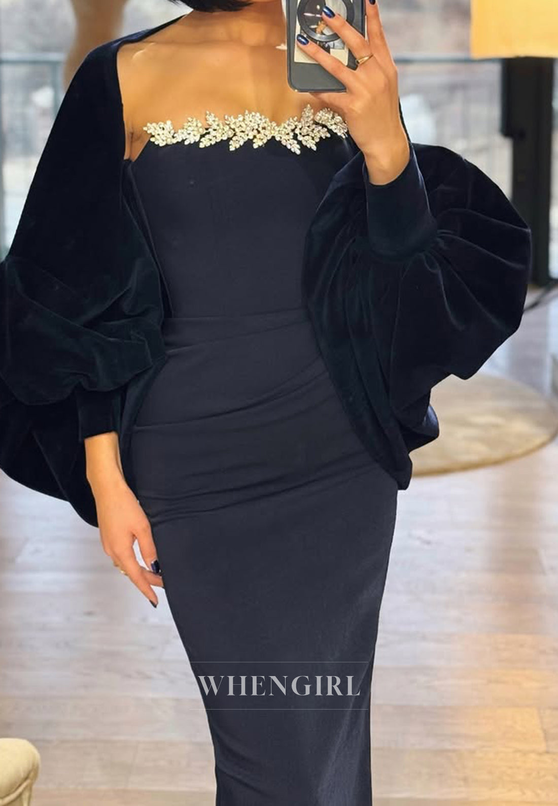 Elegant Tube Top Long Sleeves heath Pleated Satin Formal Party Dress with Beaded