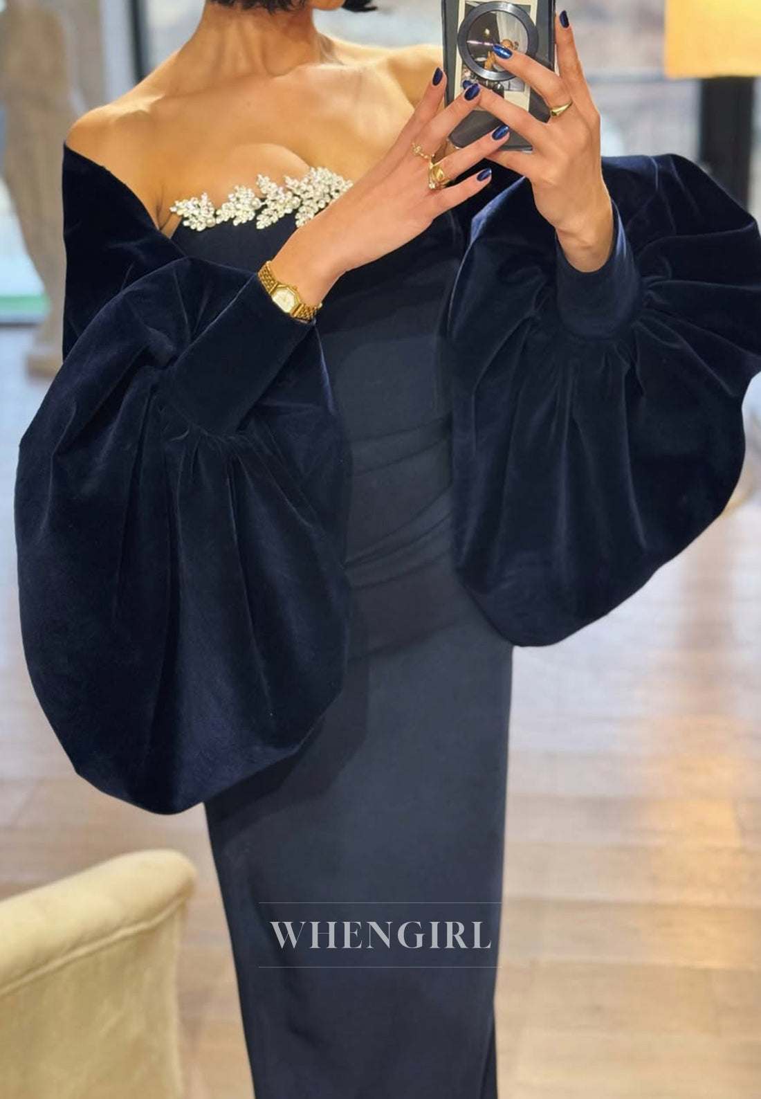 Elegant Tube Top Long Sleeves heath Pleated Satin Formal Party Dress with Beaded