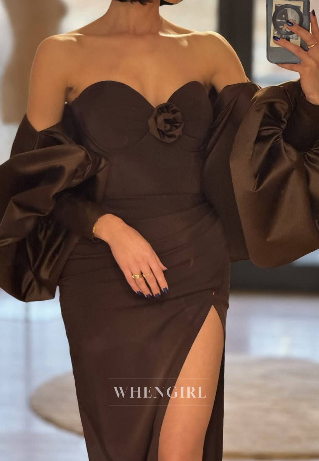 Graceful Sweetheart Sheath Prom Dress Long Sleeves High Slit Party Gown with Floral