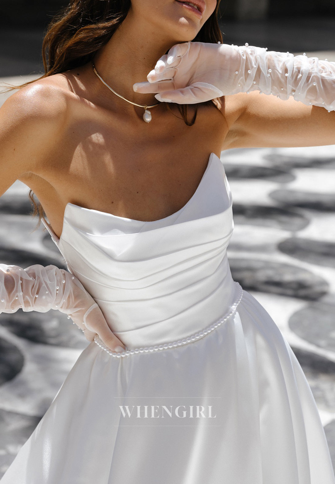A-Line Strapless Lace Up Sleeveless Scoop Neck Pleated Court Train Satin Wedding Dress