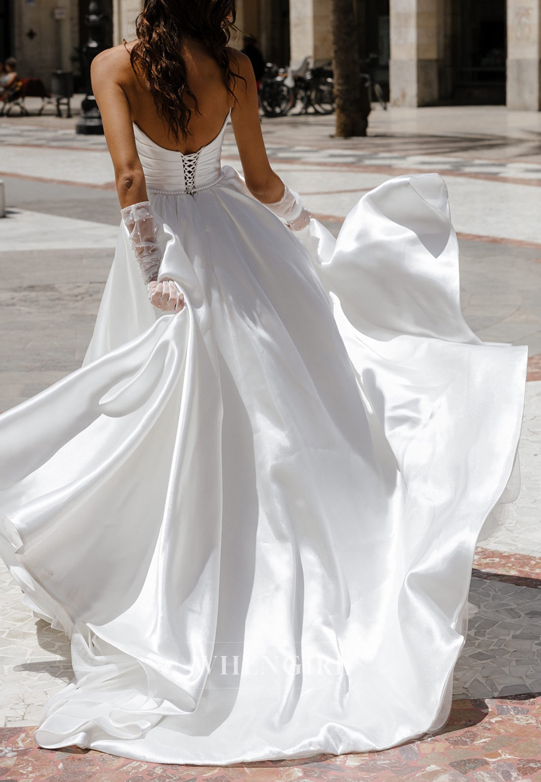 A-Line Strapless Lace Up Sleeveless Scoop Neck Pleated Court Train Satin Wedding Dress