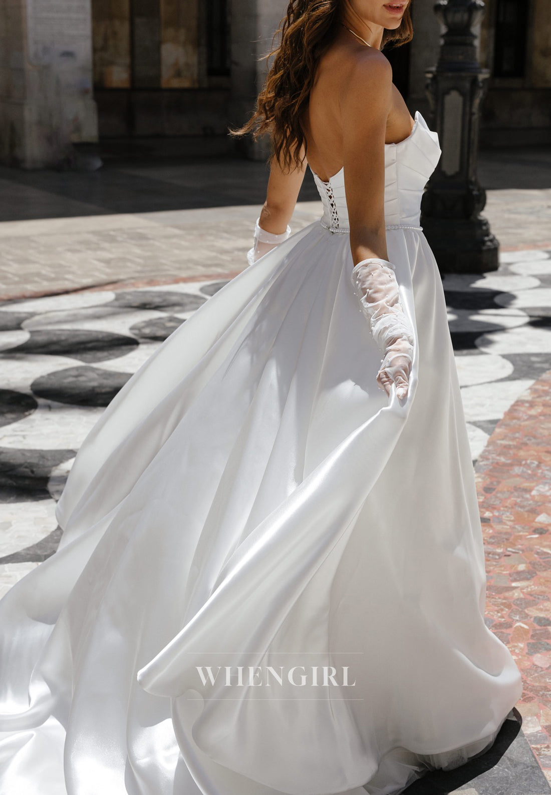 A-Line Strapless Lace Up Sleeveless Scoop Neck Pleated Court Train Satin Wedding Dress
