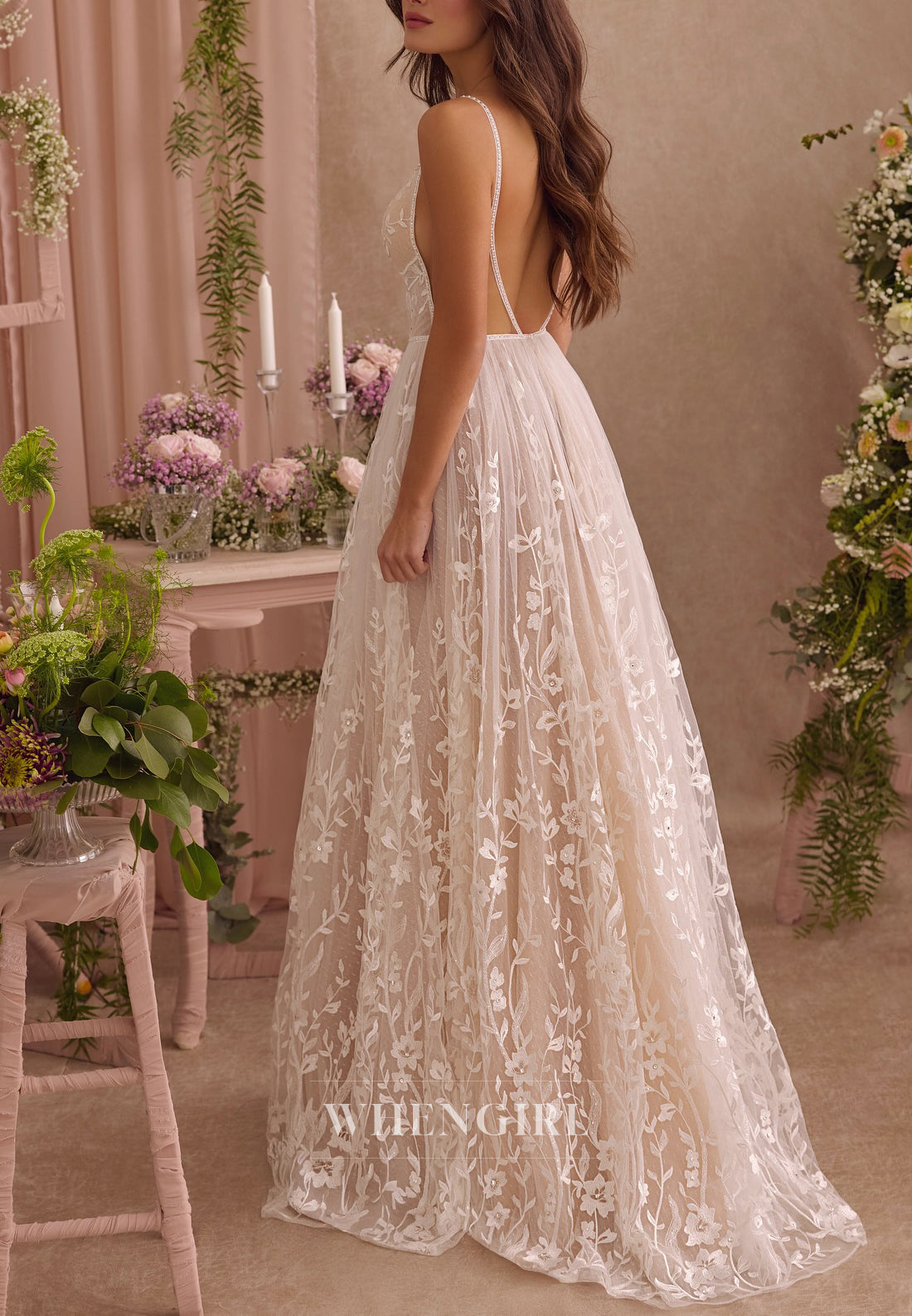 V Neck Beaded Straps Sleeveless Lace A-Line Long Wedding Dress