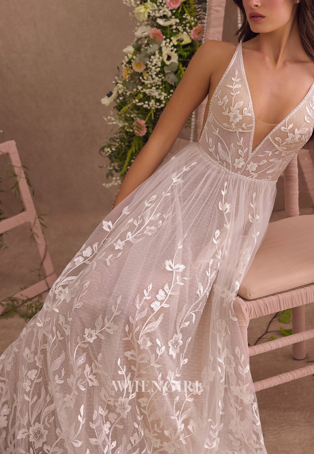 V Neck Beaded Straps Sleeveless Lace A-Line Long Wedding Dress