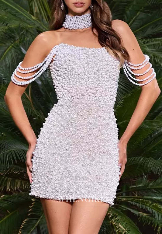 Off Shoulder Pears Beading Sheath Sleeveless Short Homecoming Dress