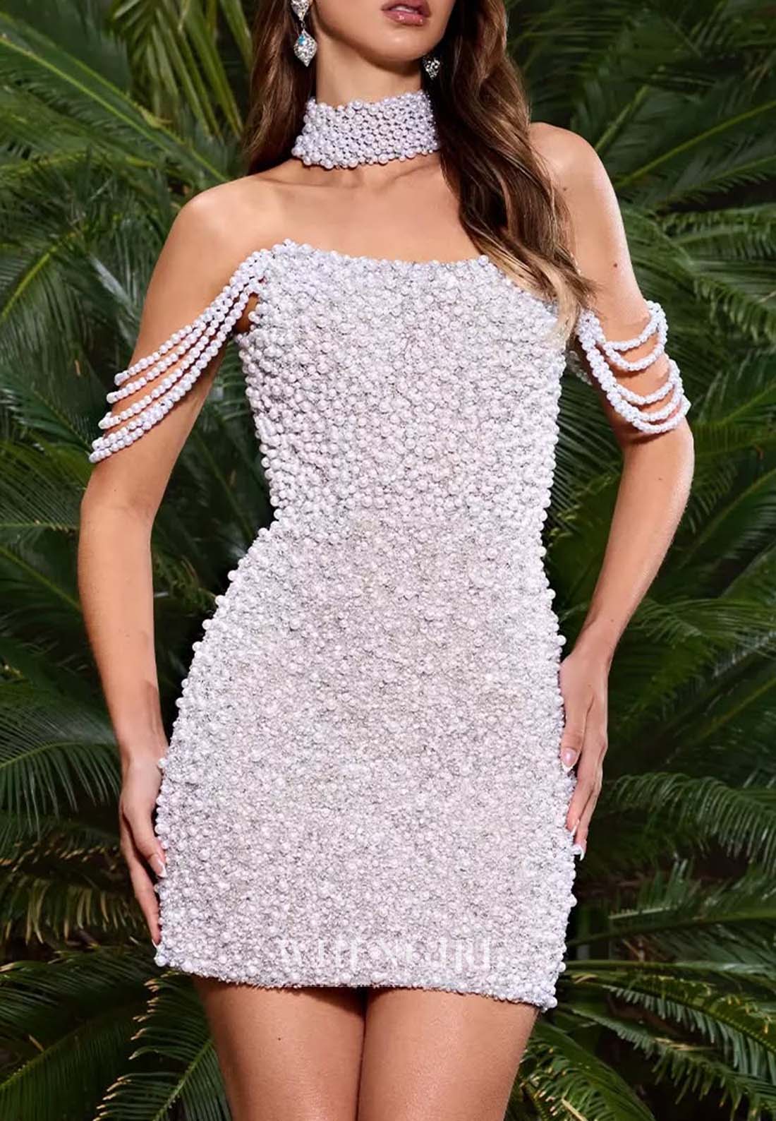 Off Shoulder Pears Beading Sheath Sleeveless Short Homecoming Dress
