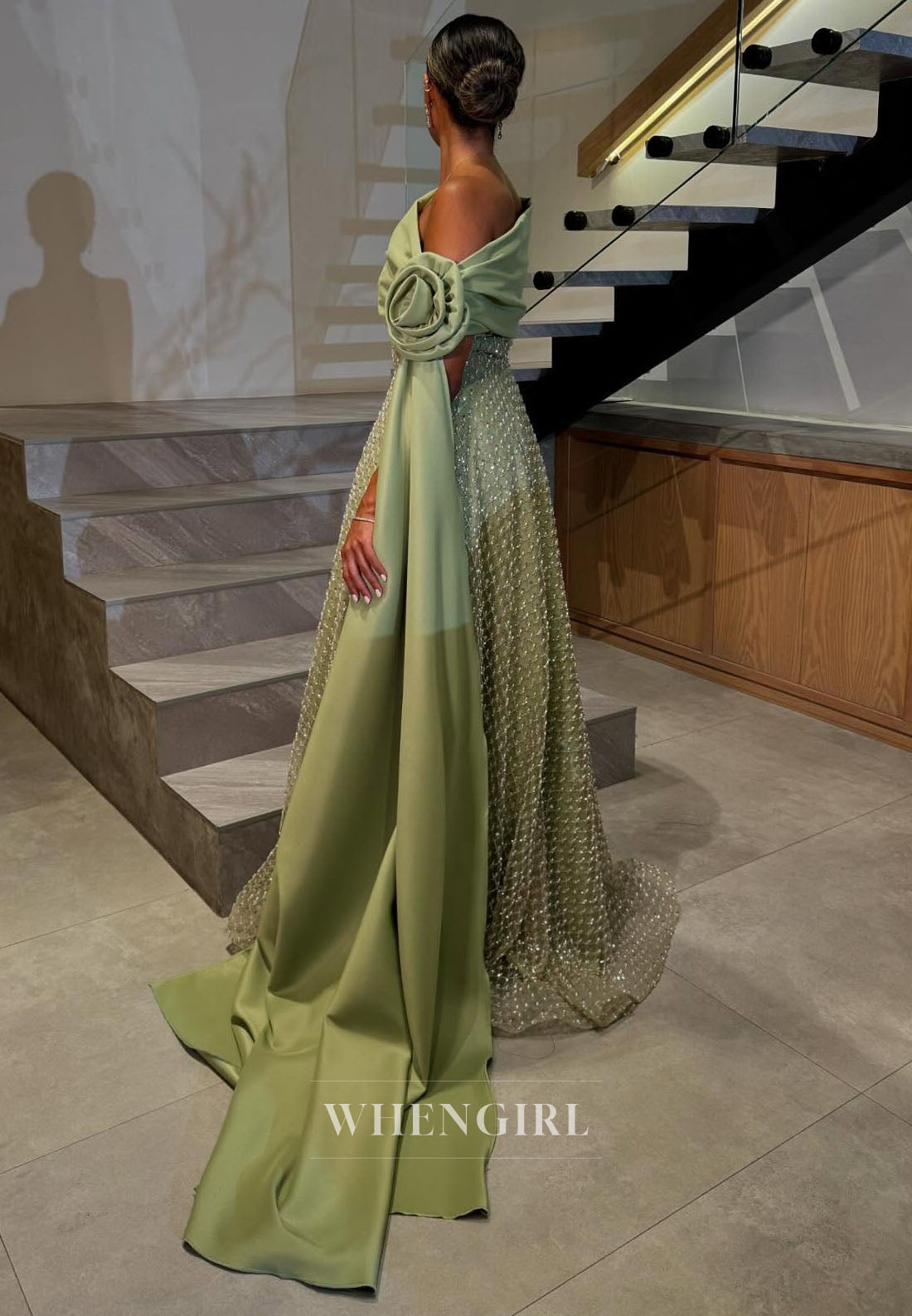 Green A-Line Off Shoulder 3D Flower Formal Evening Dress