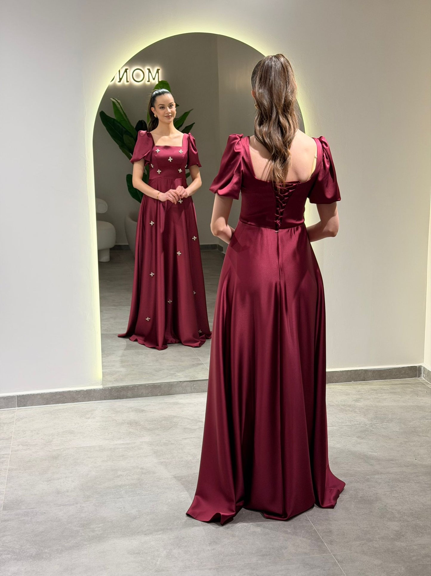 A-Line Square Neck Short Puff Sleeves Beading Formal Dress