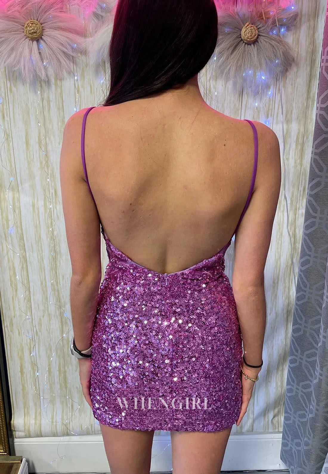 Sequin V-Neck Bodycon Mini Dress with Open Back