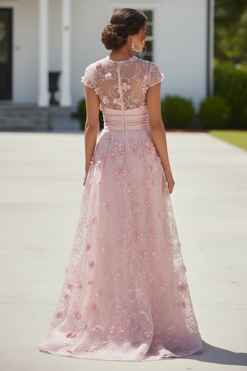 3D Floral Applique Illusion A-Line Evening Gown