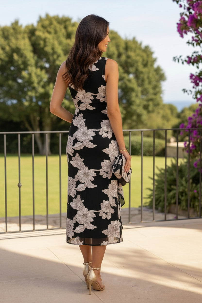 One-Shoulder Floral Midi Dress with Ruffle