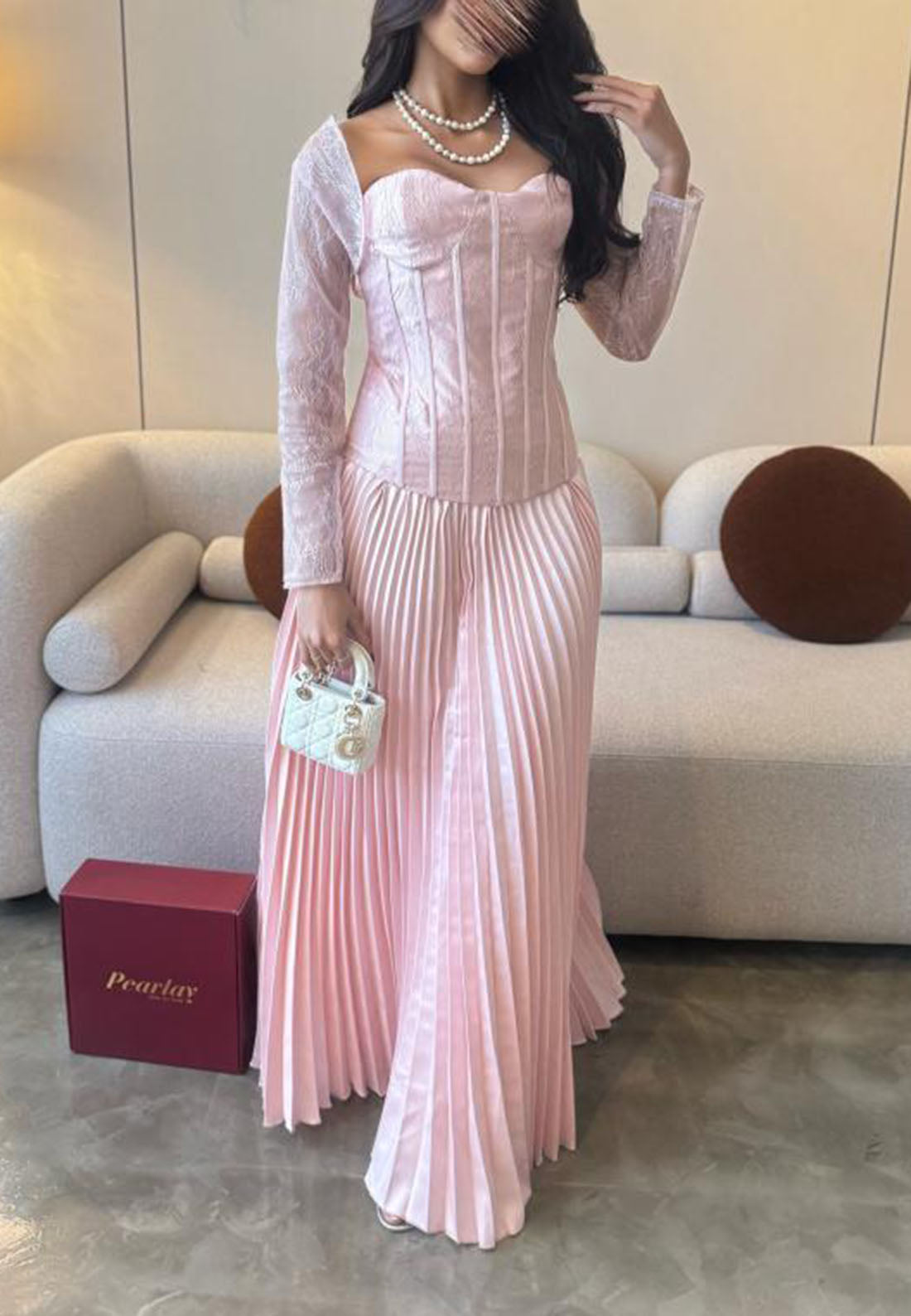Corset Pleated Maxi Dress with Lace Long Sleeves