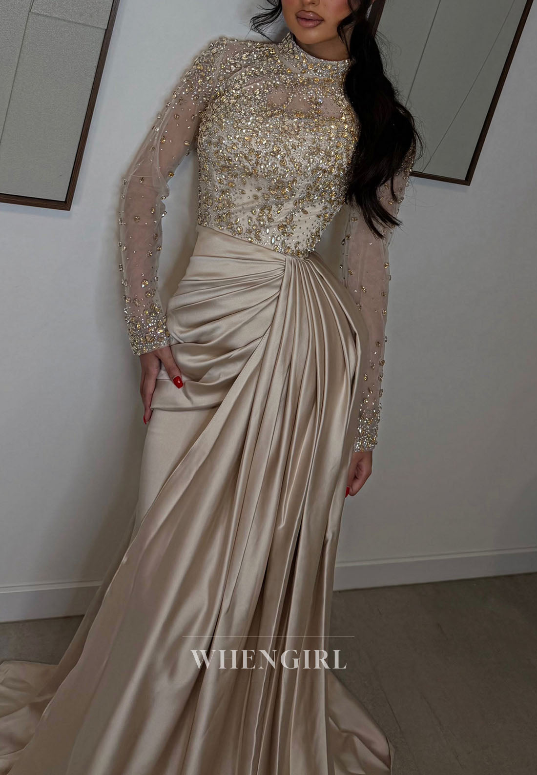 High Neck Beaded Long Sleeve Satin Mermaid Gown