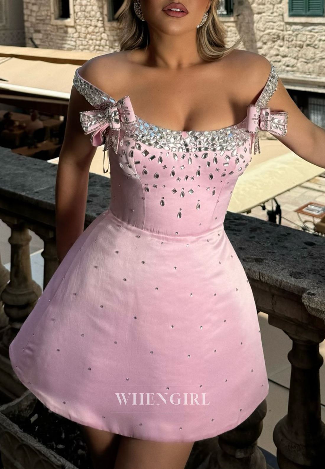Off-the-Shoulder Bow Detail Crystal Mini Dress