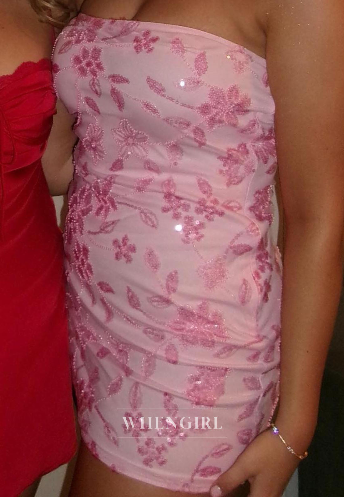 Strapless Beaded Floral Mesh Bodycon Dress