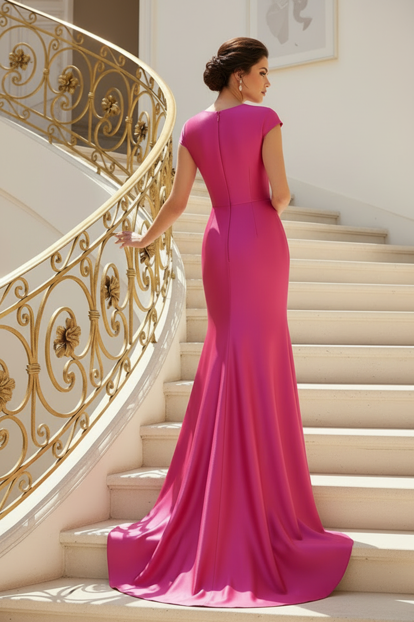 V-Neck Satin Gown with 3D Rose Detail