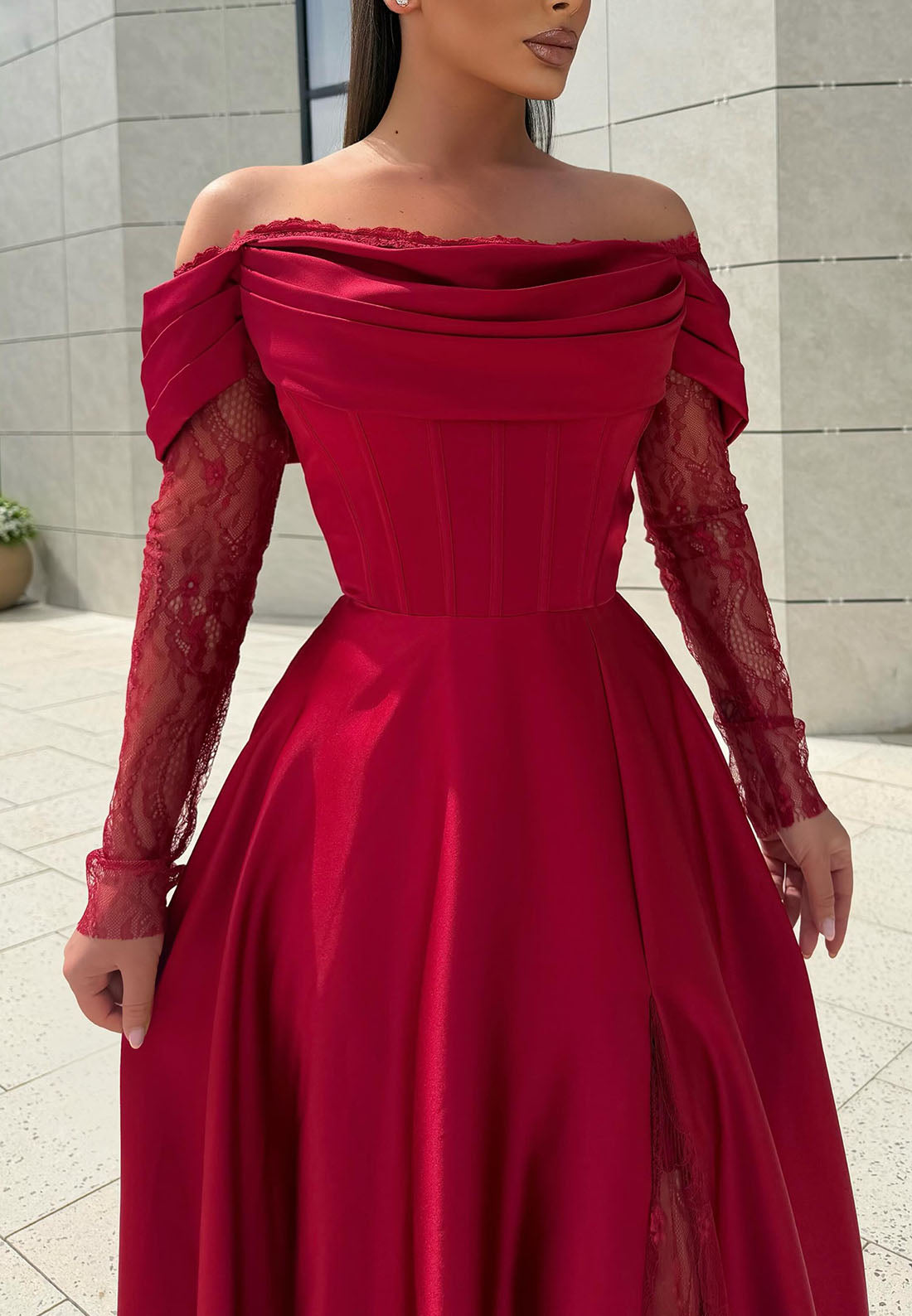 Off-the-Shoulder Corset Gown with Lace Sleeves
