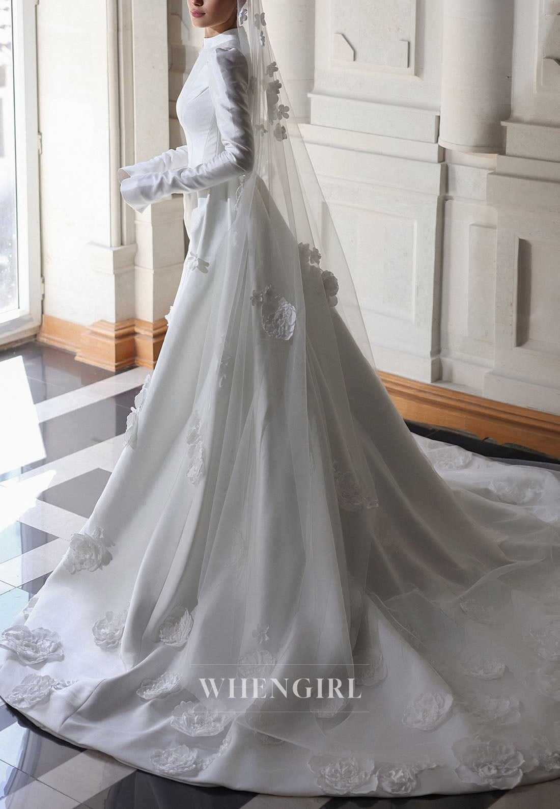 High Neck Satin Wedding Dress with 3D Flowers