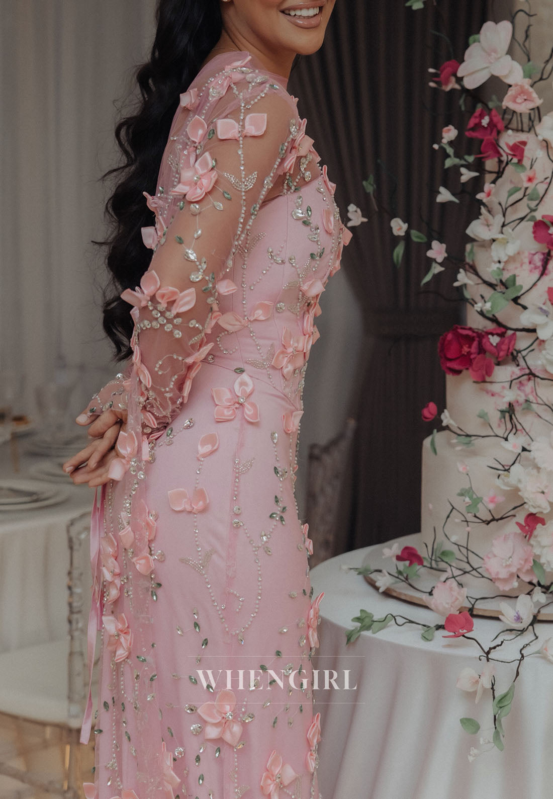 3D Floral Applique Illusion Mermaid Evening Gown