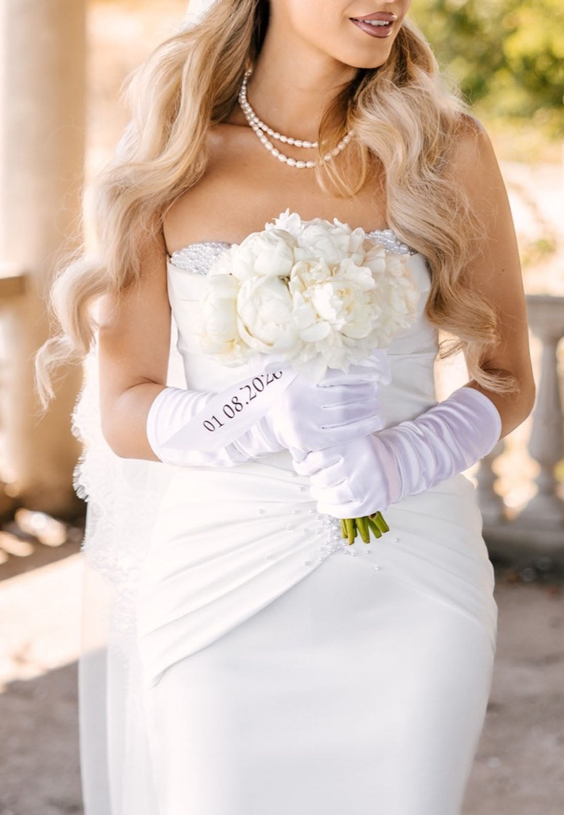 Strapless Ruched Mermaid Wedding Dress with Pearls