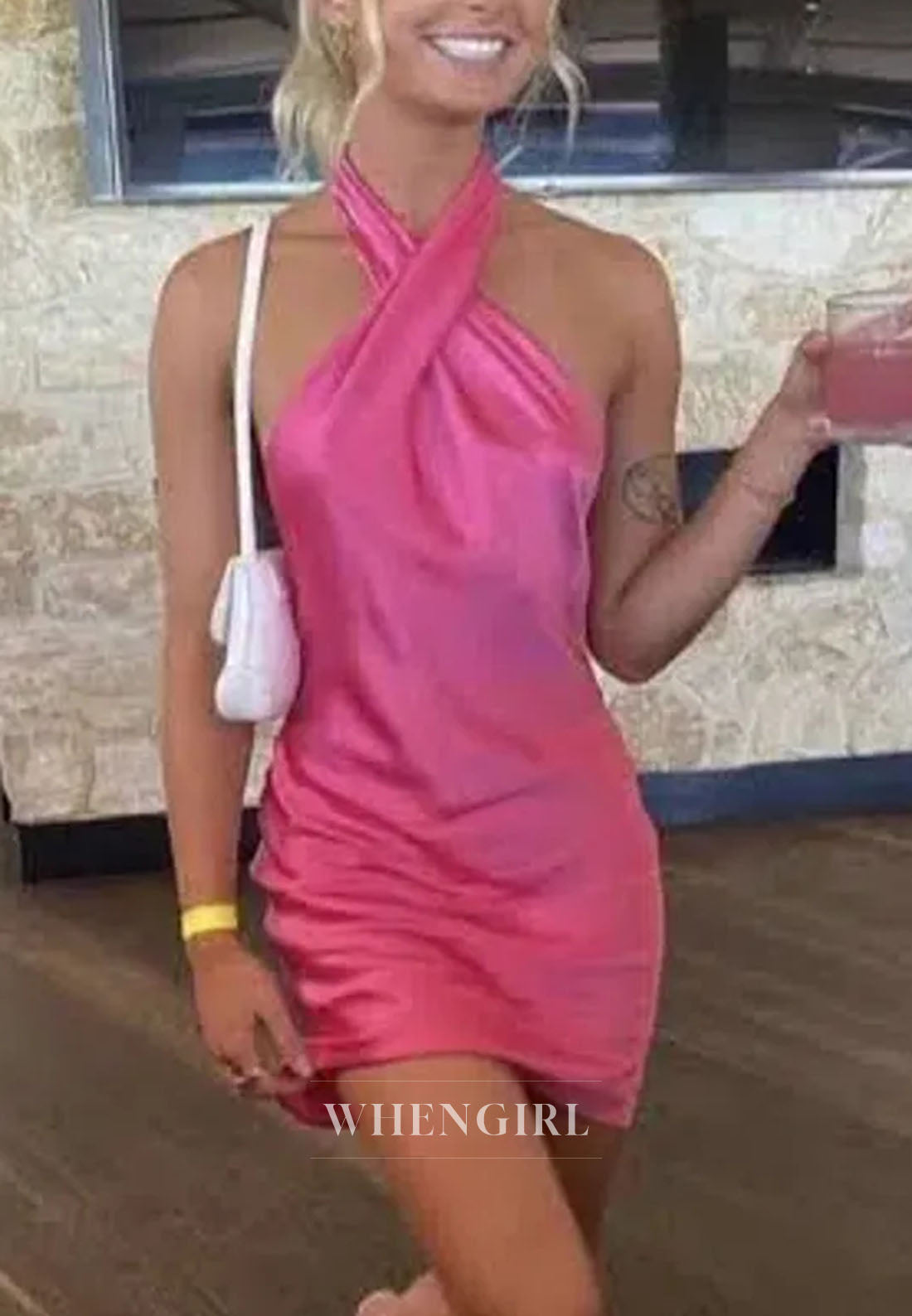 Cross Halter Neck Satin Bodycon Mini Dress