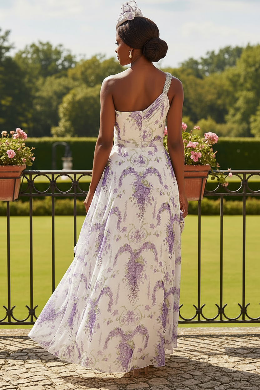 One-Shoulder Floral Chiffon A-Line Evening Gown