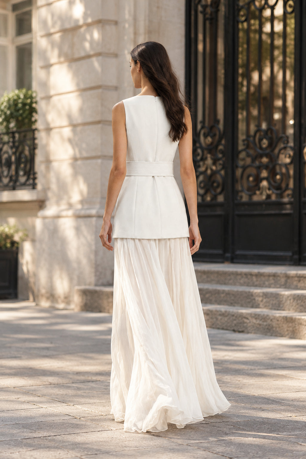 Belted Sleeveless Gown with Sheer Maxi Skirt