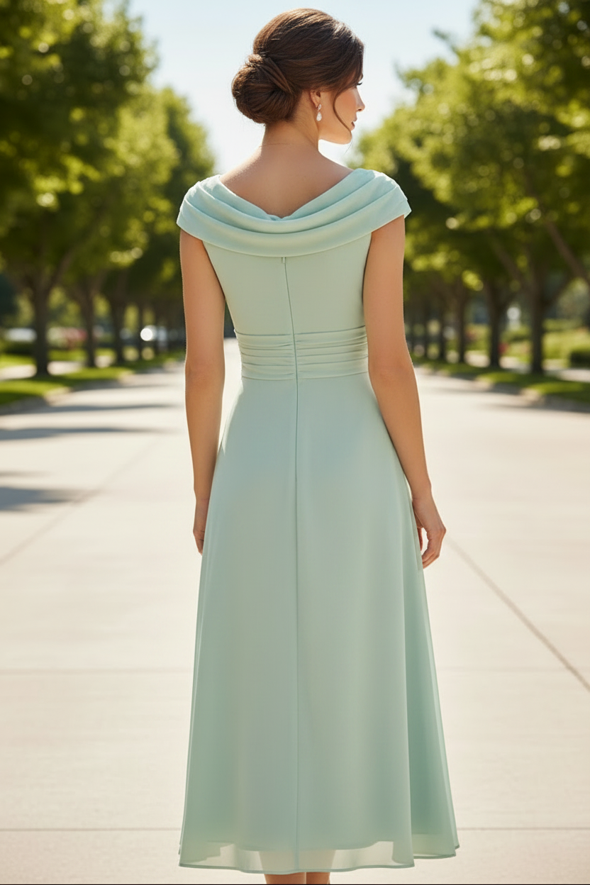Draped Chiffon Tea-Length A-Line Dress
