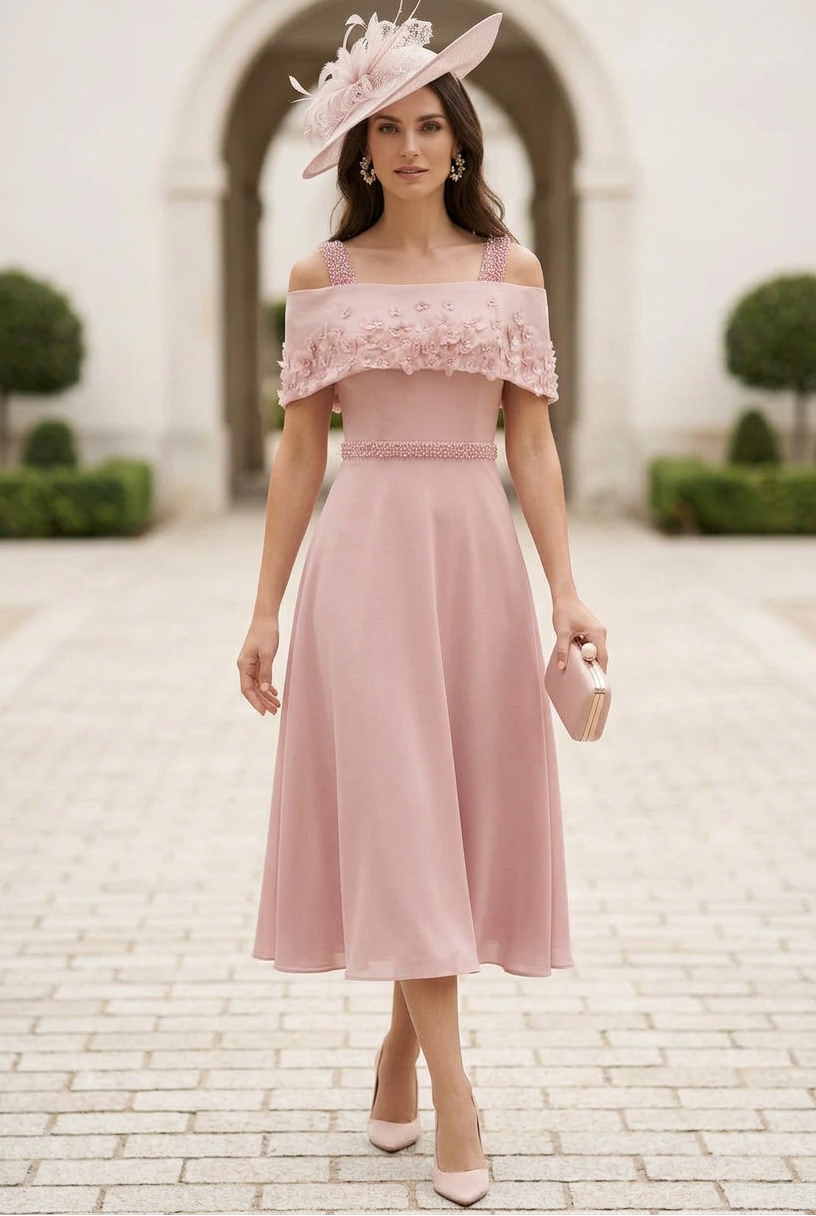 Cold-Shoulder Dress with 3D Floral Cape
