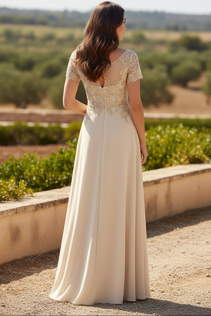 Lace Applique Gown with Slit and Keyhole Back