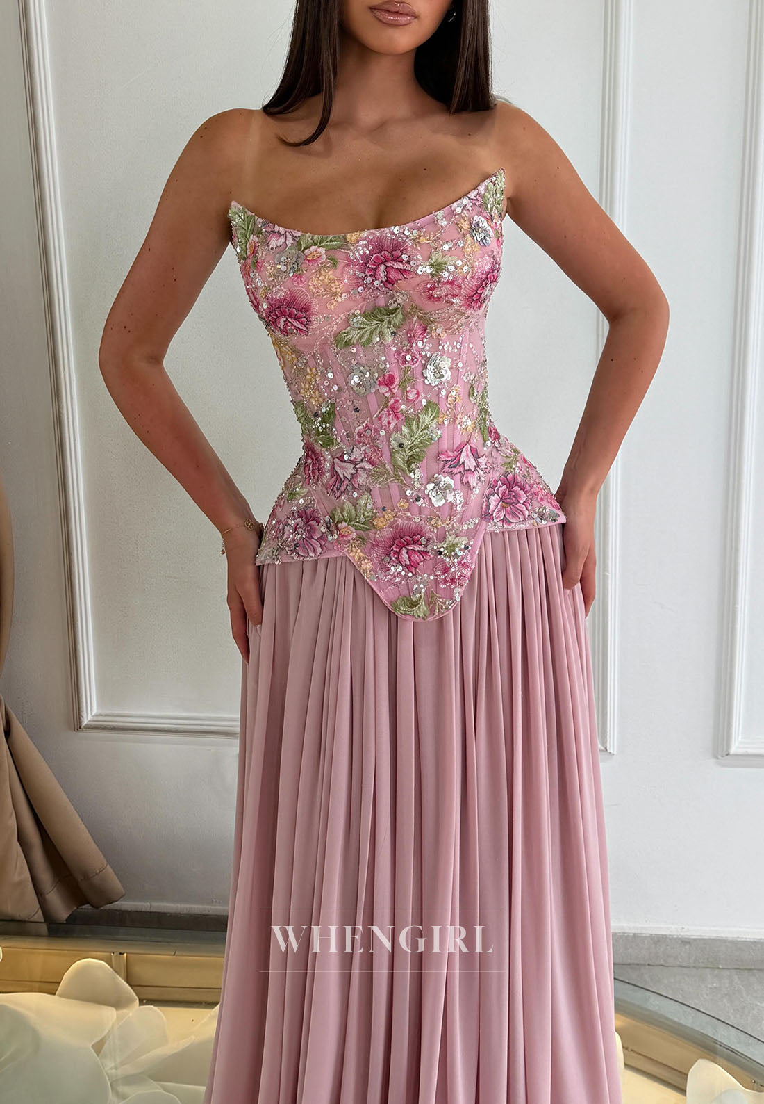 Strapless Corset Floral Embroidered Evening Gown
