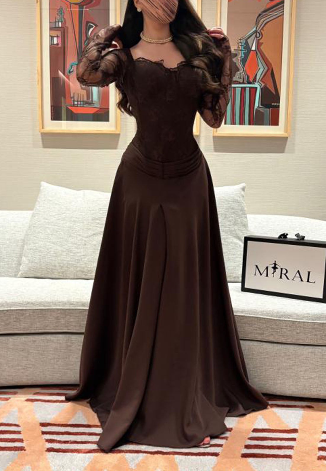 Lace Bodice Long Sleeve Floor-Length Evening Gown