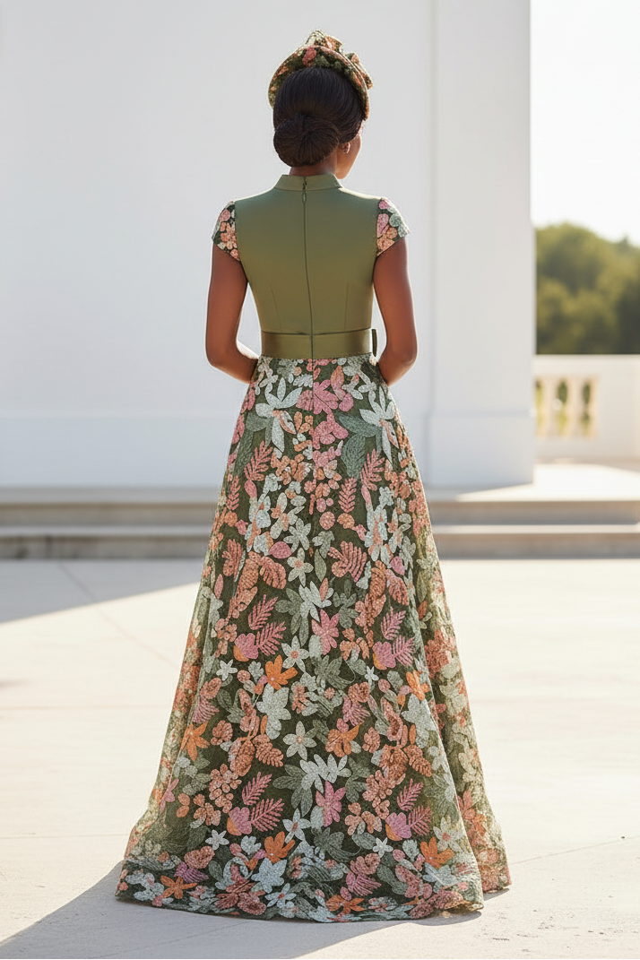 Floral Embroidered A-Line Evening Gown with Sash