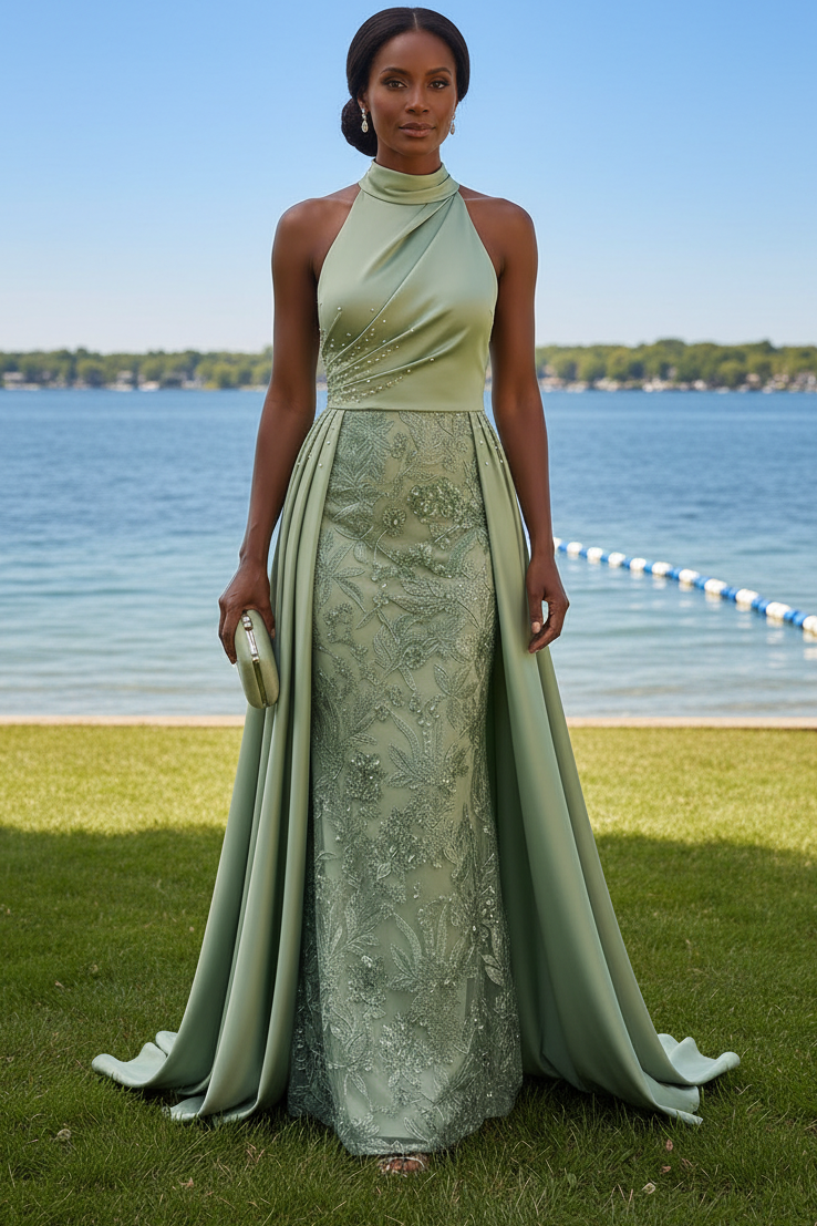 Halter High Neck Embroidered Evening Gown with Overskirt