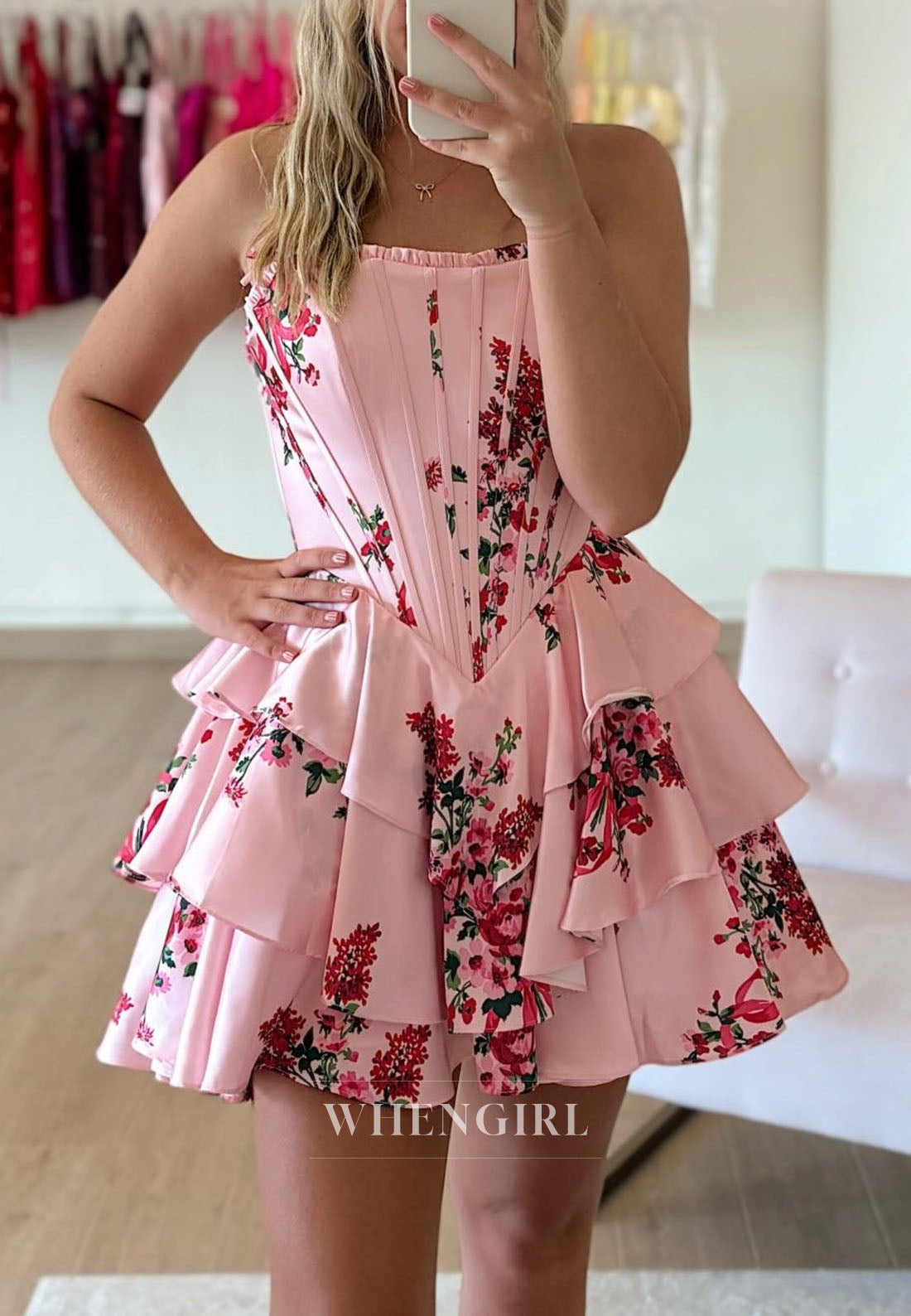 Floral Print Corset Mini Dress with Tiered Ruffle Skirt