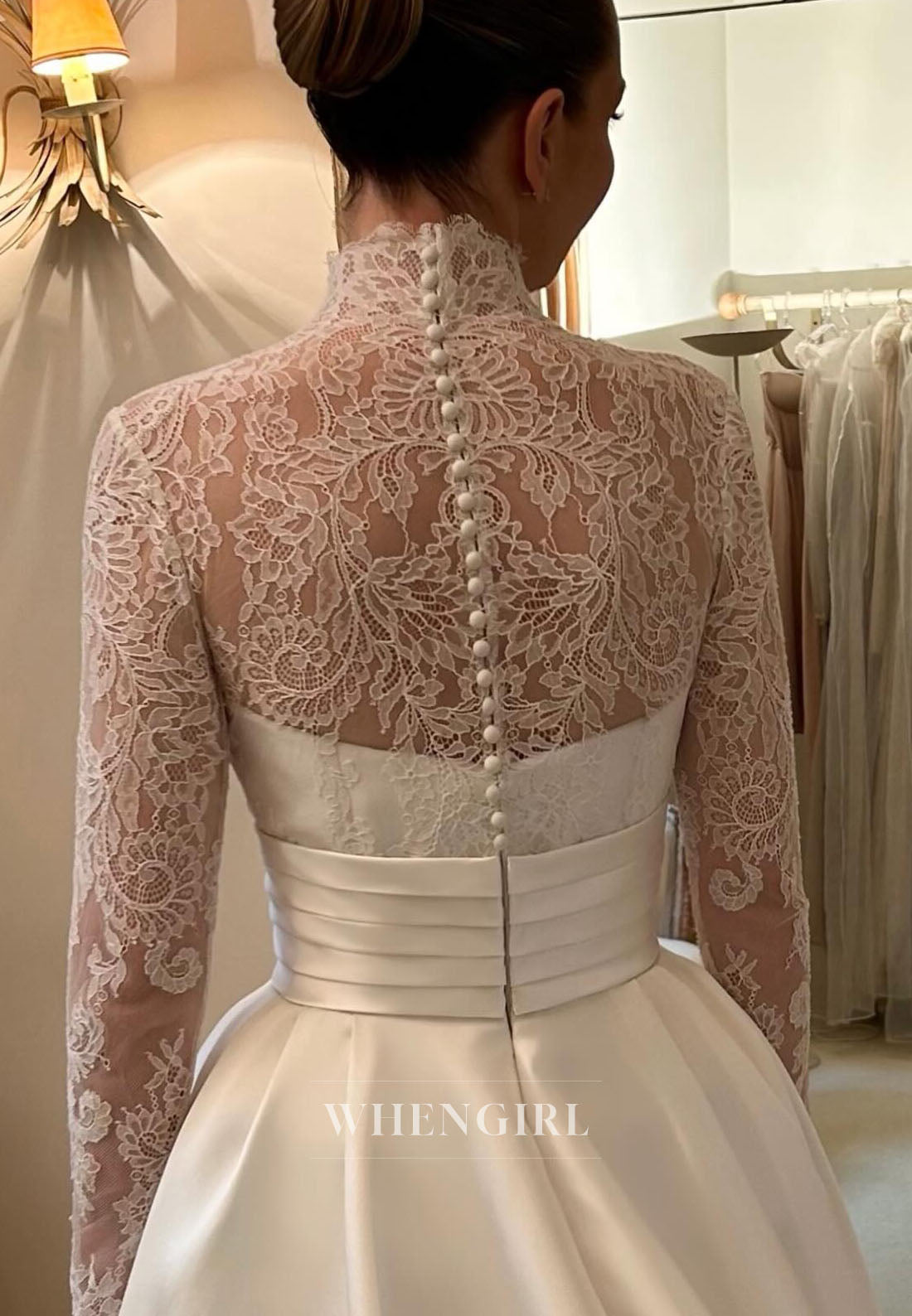 High Neck Lace Long Sleeve Satin Ball Gown Wedding Dress