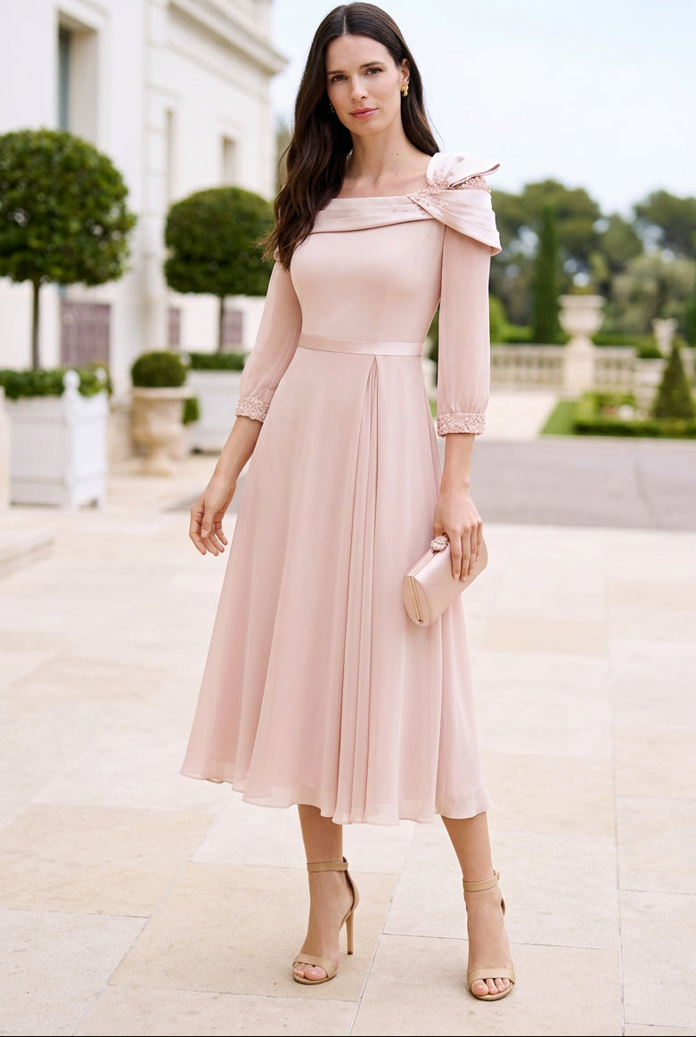 Midi A-Line Dress with Beaded Trim & Foldover Neck