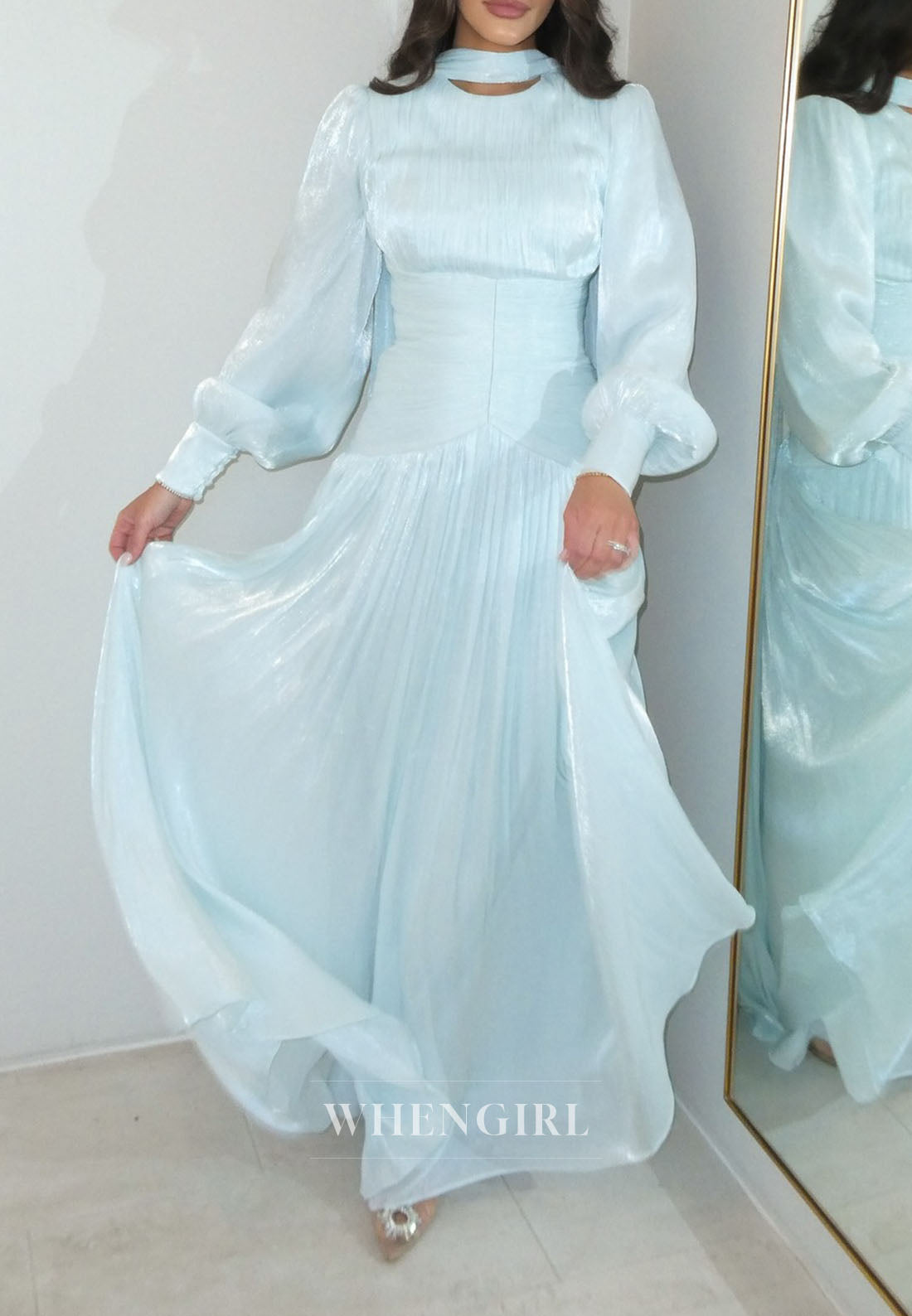 Pleated Long Sleeve Gown with High Neck