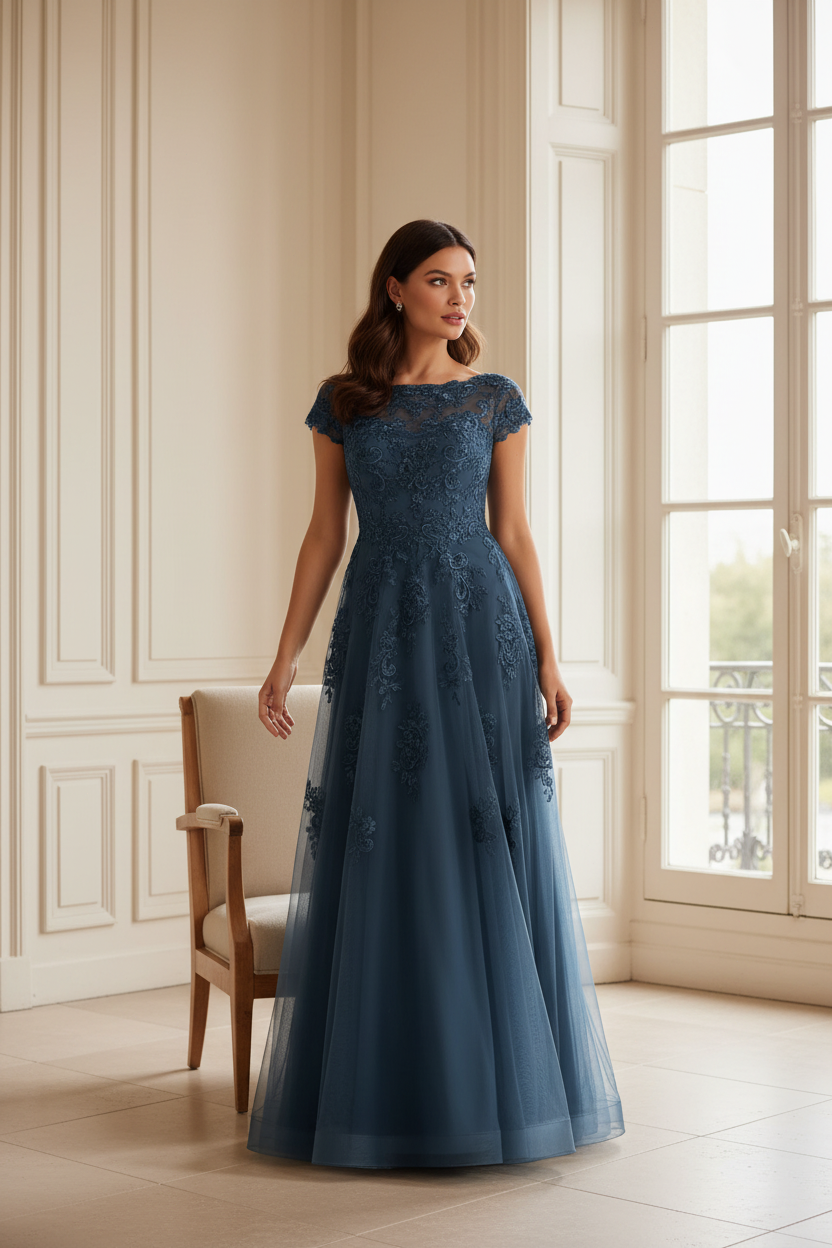 Lace Applique A-Line Tulle Gown with Cap Sleeves