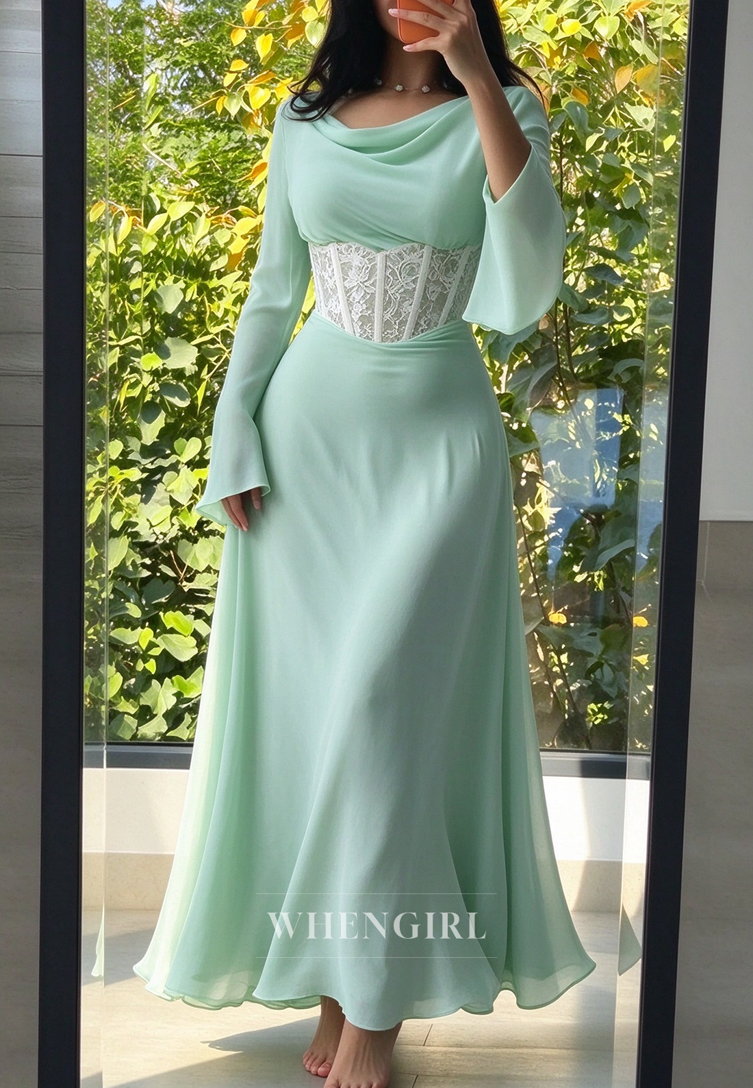 Cowl Neck Maxi Dress with Lace Corset Waist