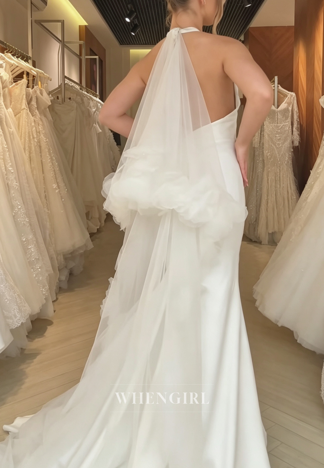 Halter Deep V Mermaid Wedding Dress with Ruffle Cape