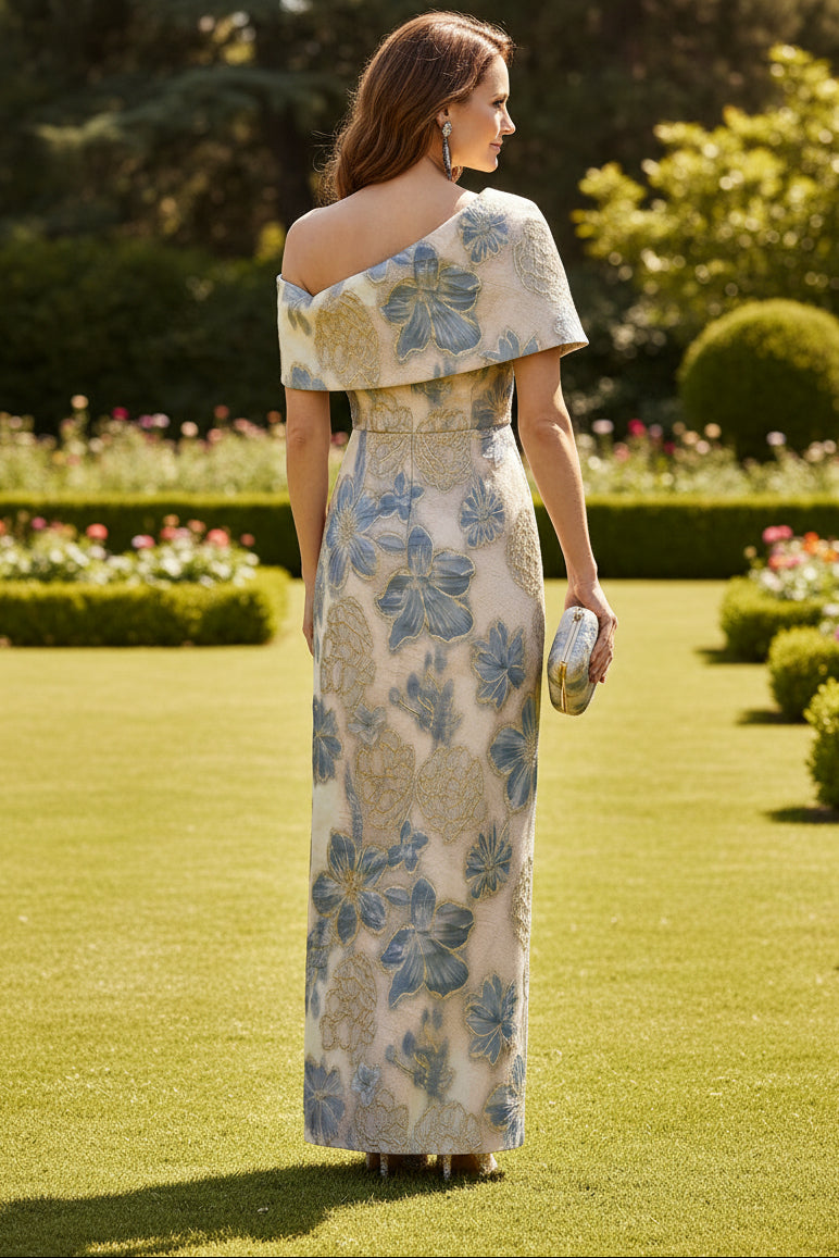 One-Shoulder Metallic Jacquard Column Gown