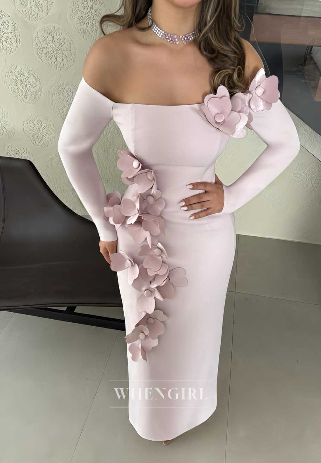 Off Shoulder Long Sleeve 3D Floral Gown