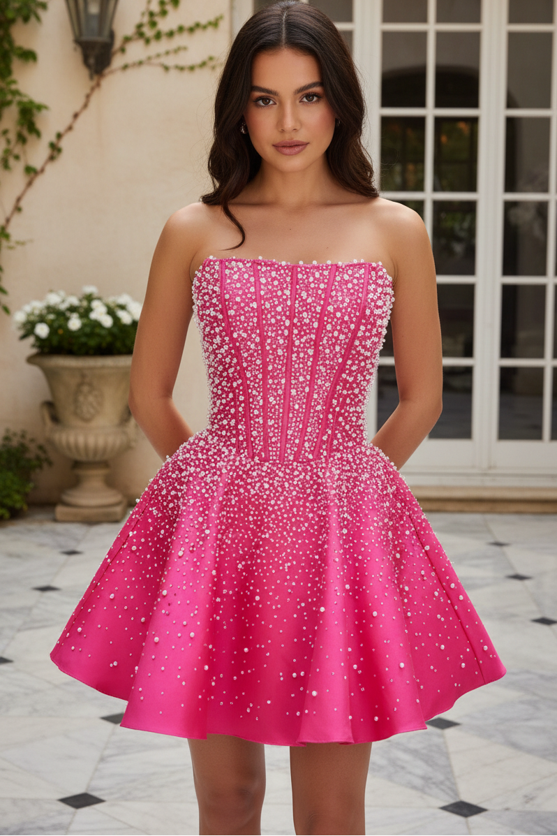 Strapless Pearl-Embellished Corset Mini Dress