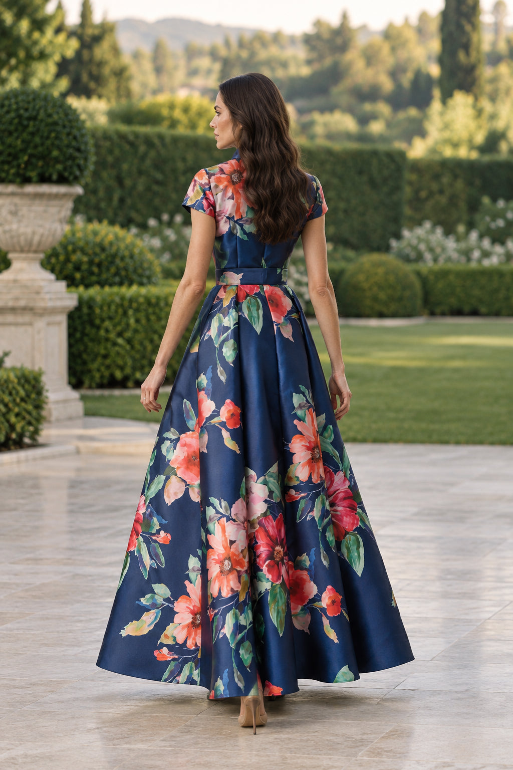 Floral Belted Collared A-Line Evening Gown