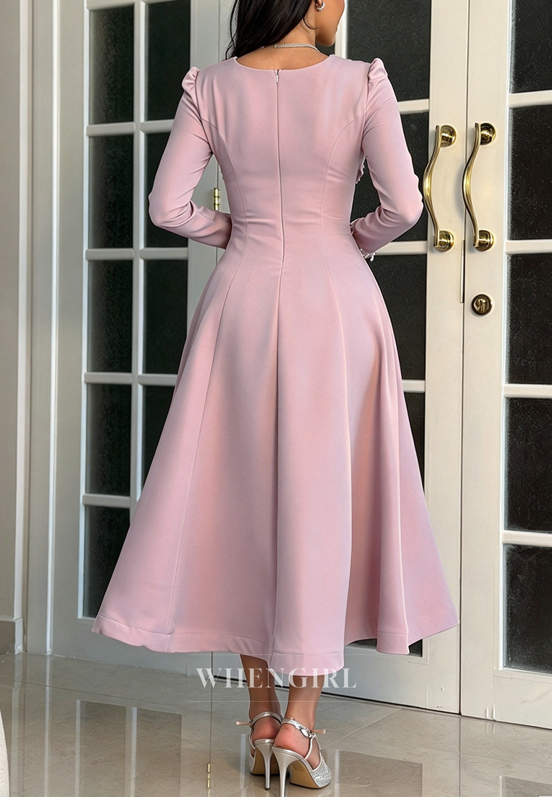 Pearl-Embellished Collar A-Line Midi Dress