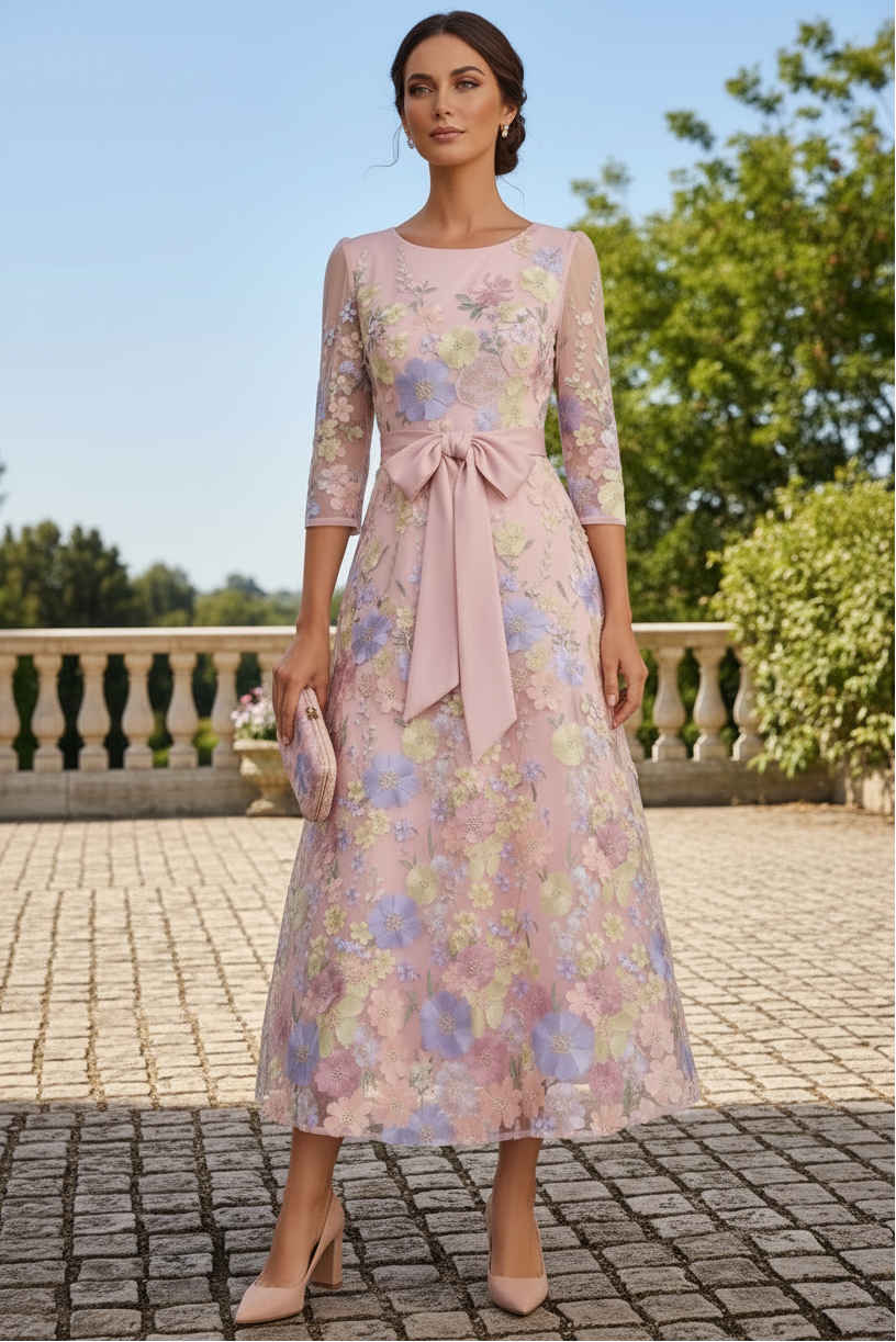 Floral Embroidered 3D Applique Tea-Length Dress