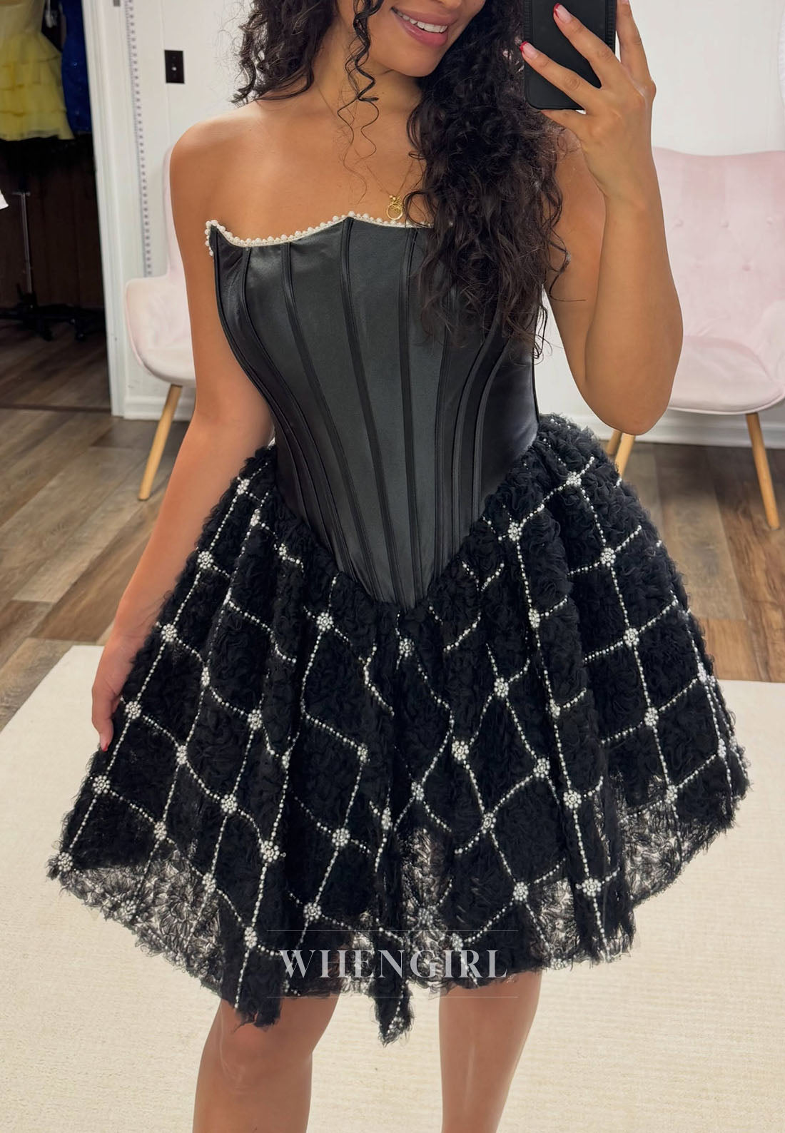 Strapless Corset Mini Dress with Beaded Lattice Skirt
