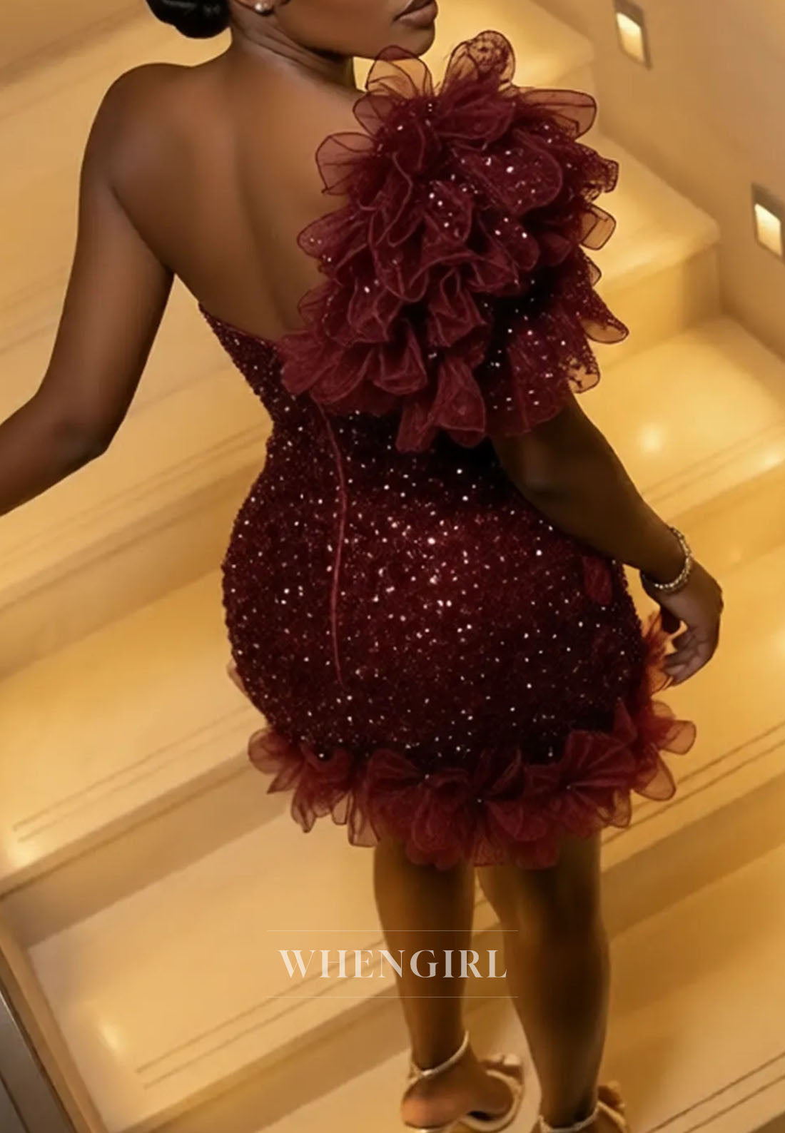 One-Shoulder 3D Flower Beaded Bodycon Mini Dress